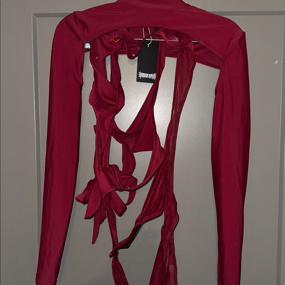Darker Wavs FLANGER STRAPPY SPANDEX AND MESH BODYSUIT - RED